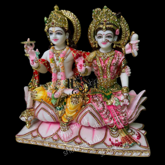 Laxmi Mata and Vishnu Ji Seated on Lotus Flower - White Marble Statue - 15 inch