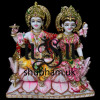 Laxmi Mata and Vishnu Ji Seated on Lotus Flower - White Marble Statue - 15 inch