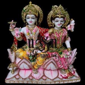 Laxmi Mata and Vishnu Ji Seated on Lotus Flower - White Marble Statue - 15 inch