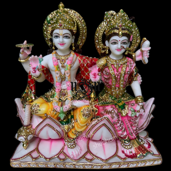 Laxmi Mata and Vishnu Ji Seated on Lotus Flower - White Marble Statue - 15 inch