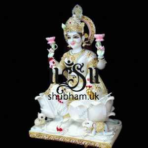 Magnificent Laxmi Mata Seated on Lotus Flower Marble Statue - 30 inch Magnificent Laxmi Mata Seated on Lotus Flower Marble Statue - 30 inch