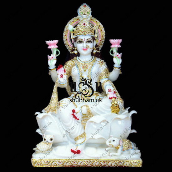 Magnificent Laxmi Mata Seated on Lotus Flower Marble Statue - 30 inch