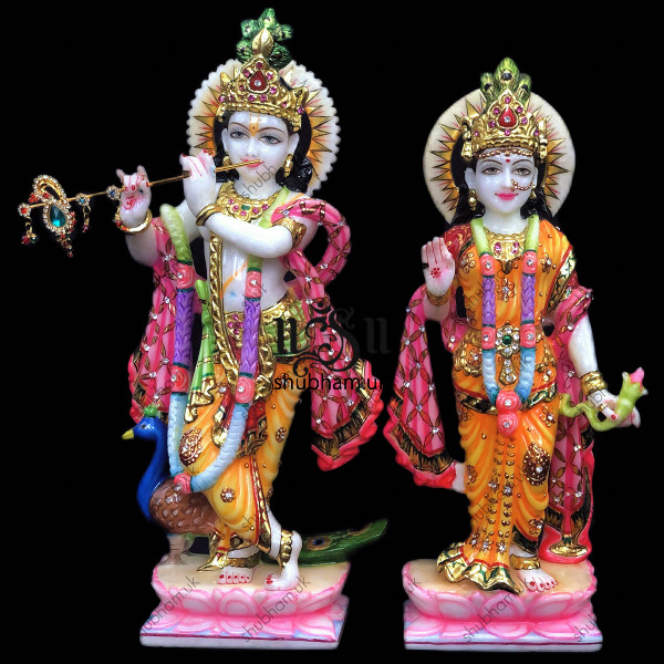 Standing Radha Krishna Marble Moorti with Ashrivad Hand - 15 inch